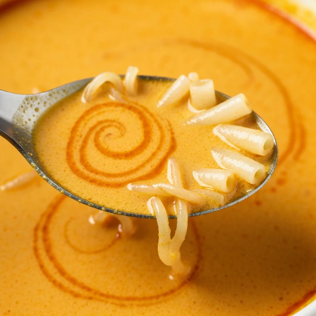 Rich orange laksa broth with coconut curry and rempah spice paste