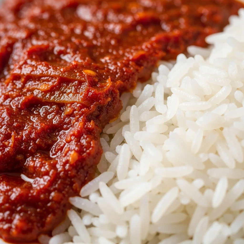 Rich red sambal chili paste alongside fluffy coconut rice