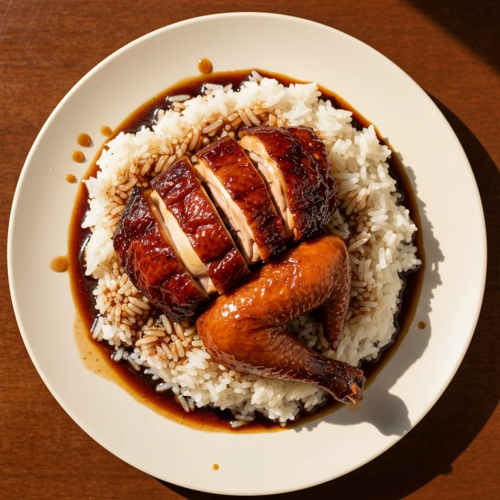 Cantonese roasted chicken rice with dark glazed skin and caramelised edges